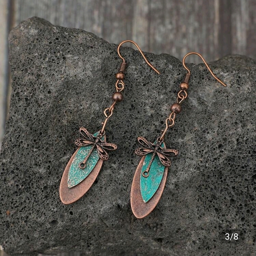 Artisan Copper Turquoise Dragonfly Earrings